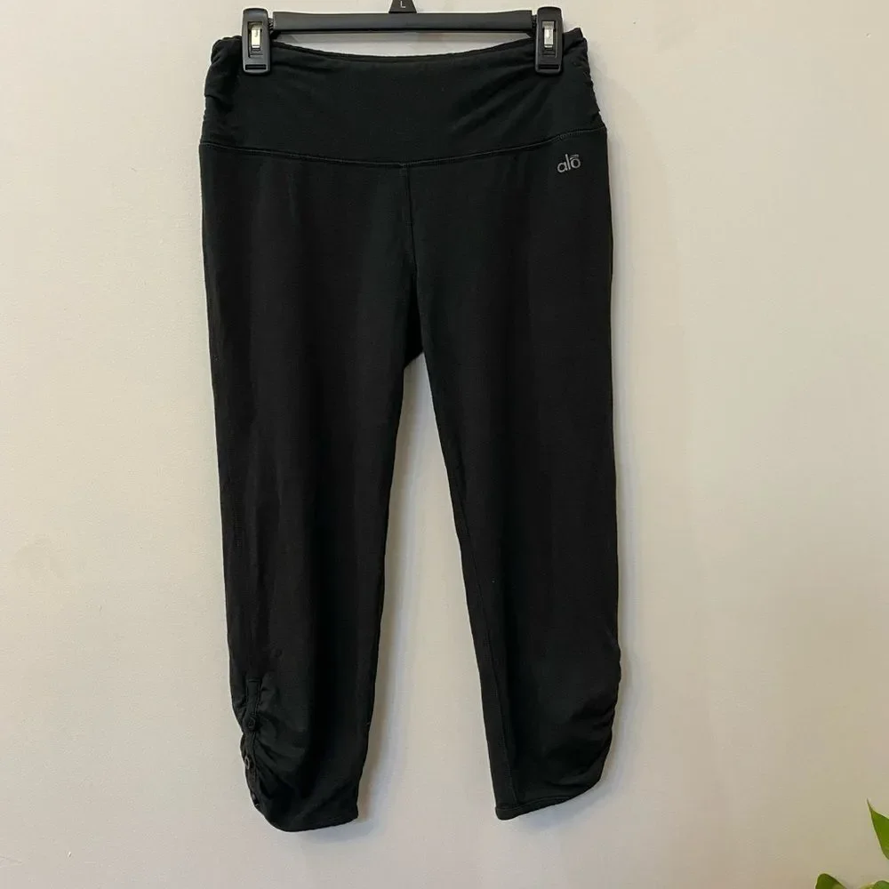 ALO Yoga Black Button-Detail Cropped Leggings Women Size S